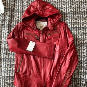 Red leather jacket with removable hood